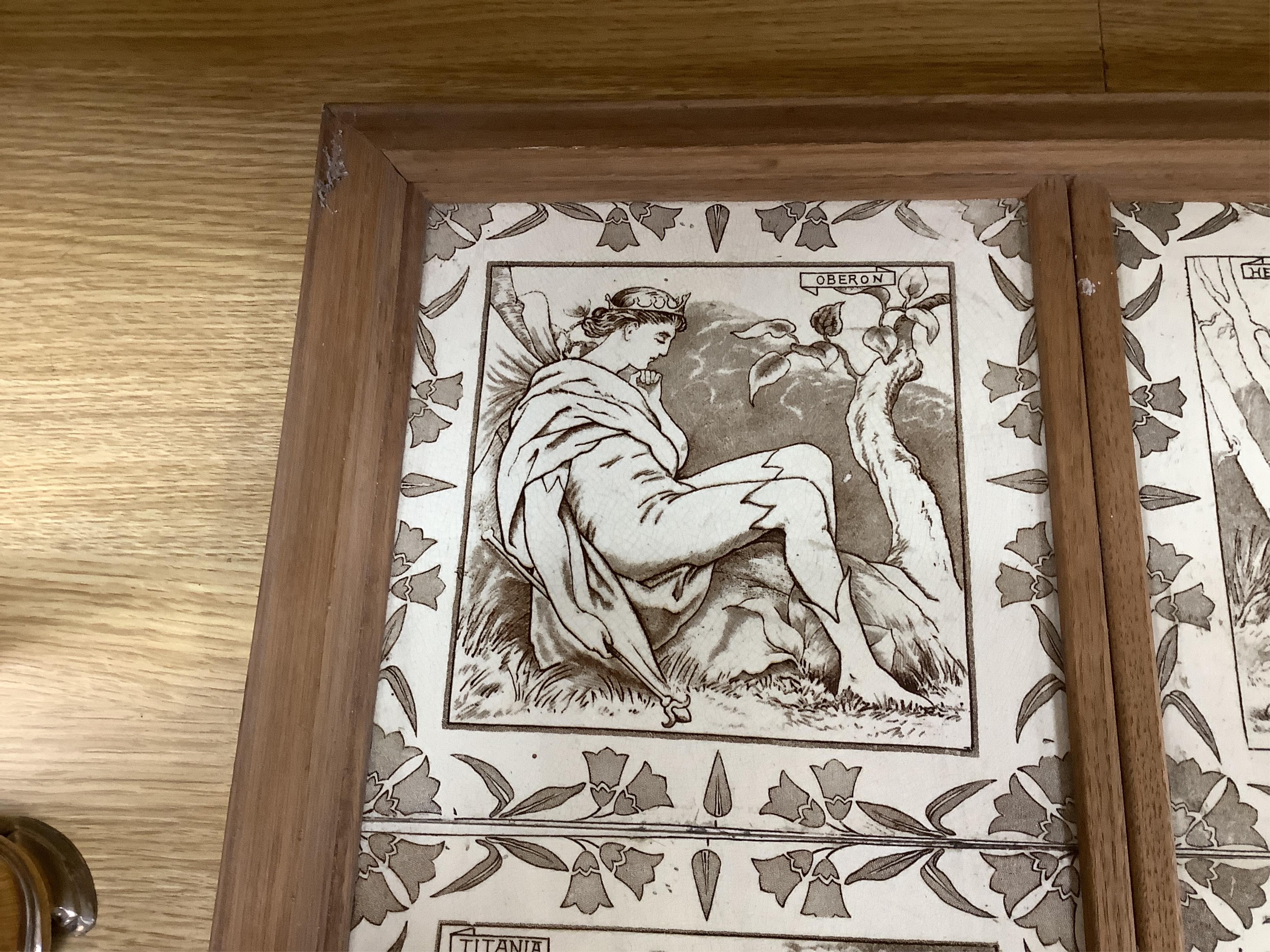 A set of six Wedgwood Midsummer Night’s Dream tiles, framed as one: Titania, Helena, Oberon, Bottom, Lysander and Peas Blossom, overall 48 x 73cm